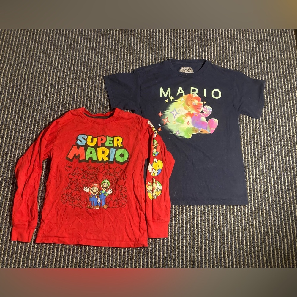 Lot Of 2 Boys Youth Small Mario Shirts LS/SS Luigi Princess Road Yoshi Bowser